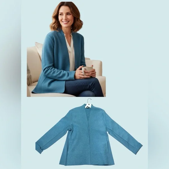 Eileen Fisher Teal Boiled Wool Jacket Cardigan Size M Minimalist - Picture 1 of 6